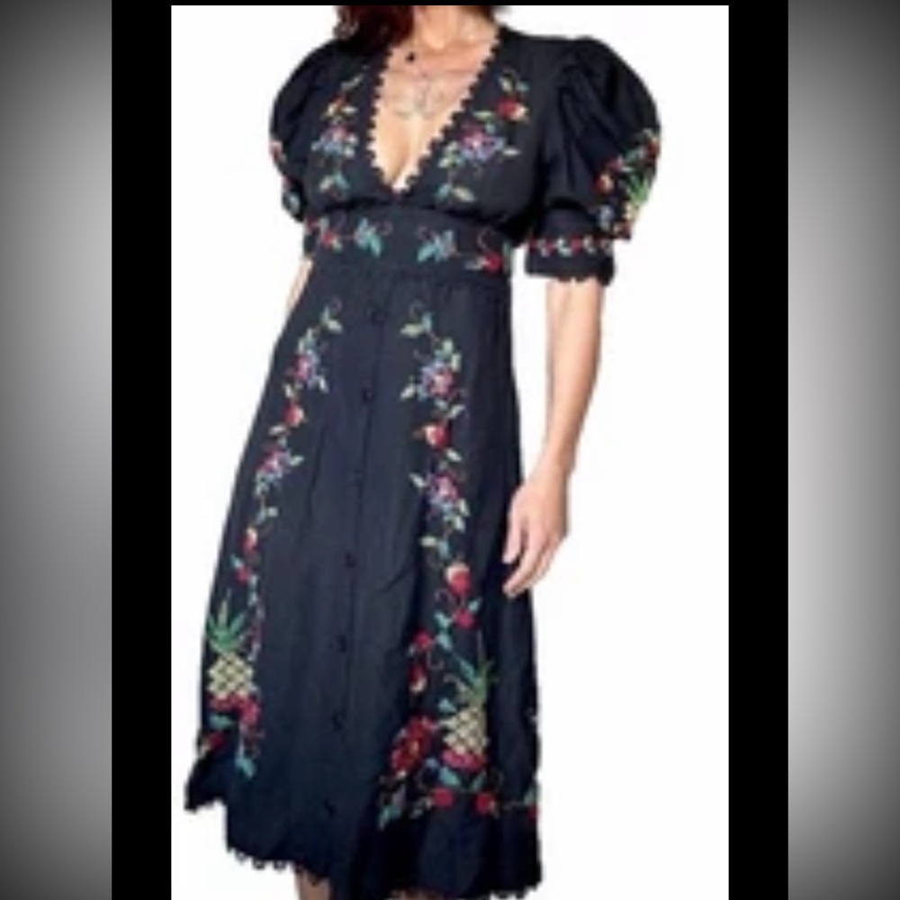 FARM Rio Dress Midi NWT Black Linen XL Cross Stitch Embroidery Puff Sleeve Vee - Picture 4 of 16